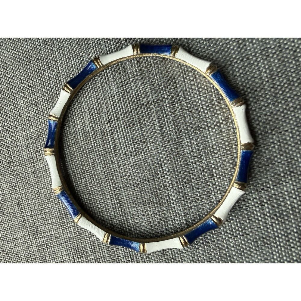 Vintage Enamel Bamboo Gold Tone Bracelet Molded 80’s Blue White Coastal Bangle